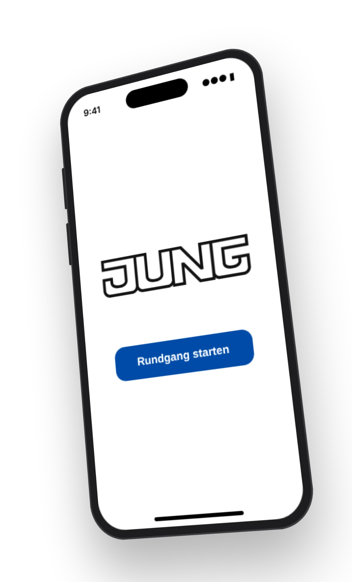 Startbildschirm des Rundgangs von Albrecht JUNG mit dem JUNG-Logo und dem Knopf „Rundgang starten“