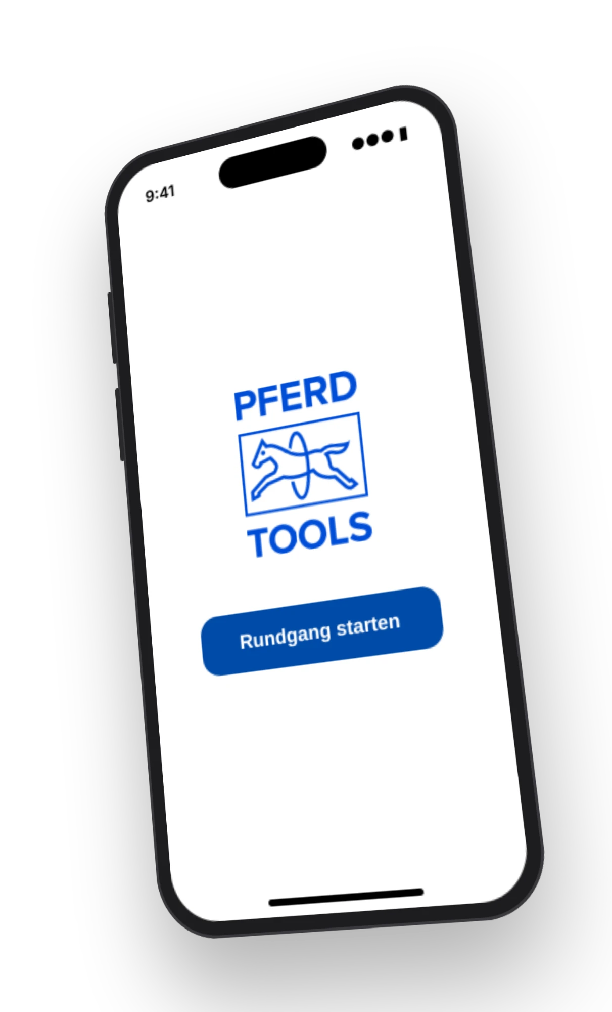 Startbildschirm des Rundgangs von Pferd Tools mit dem PFERD-Logo und dem Knopf „Rundgang starten“