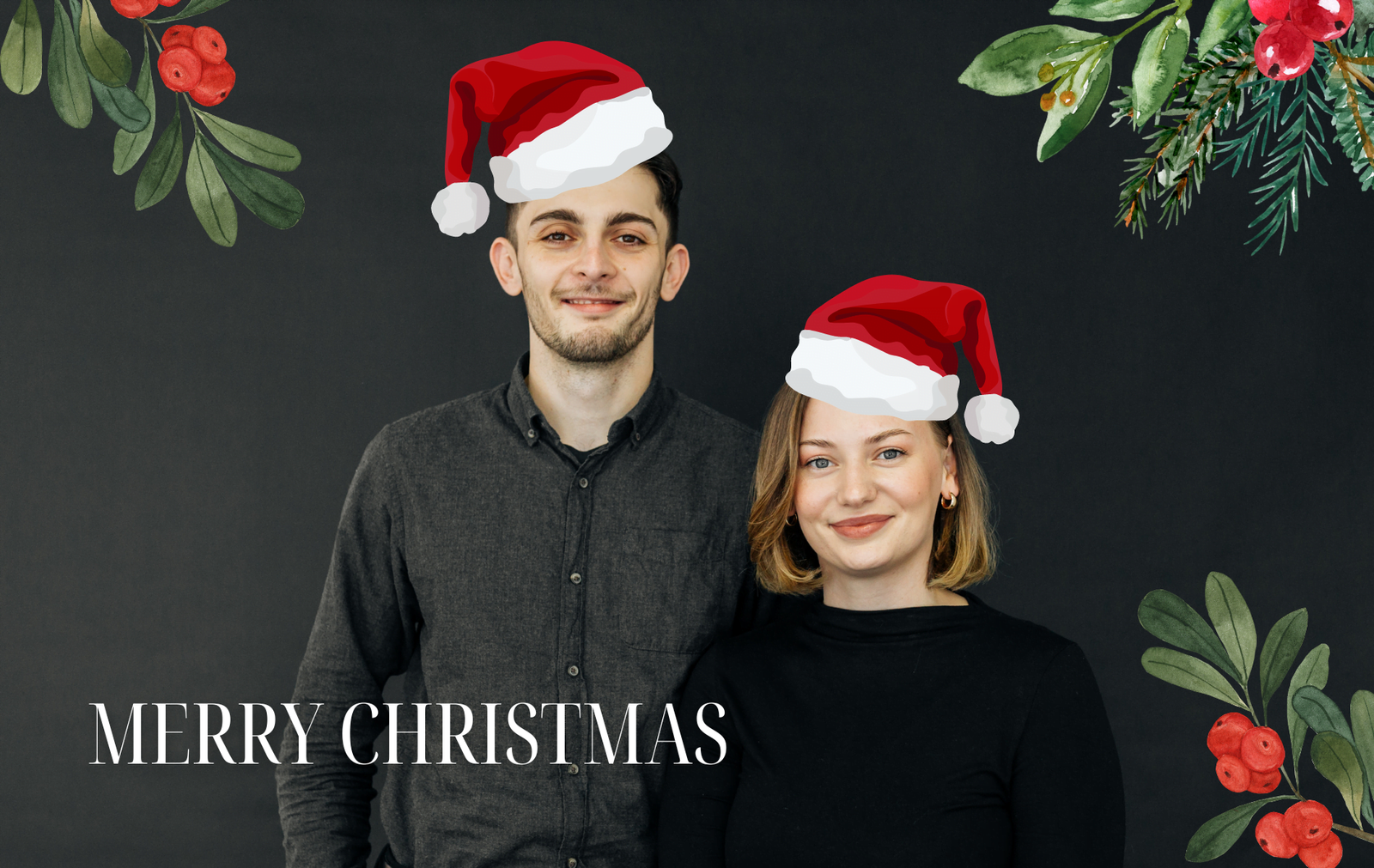 Michelle und Adrian von Immosphere360 mit Weihnachtsmützen. Sie erstellen virtuelle Rundgänge für das Recruiting. Frohe Weihnachten!